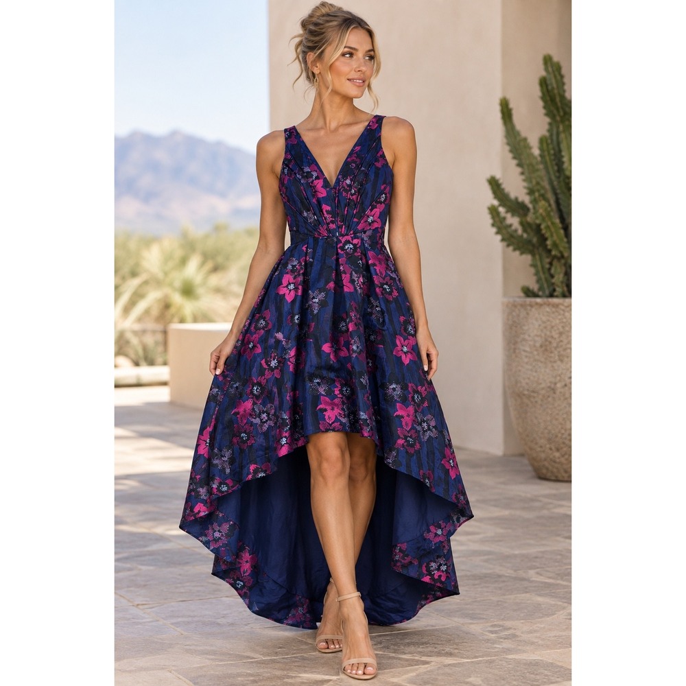 Aidan Mattox Floral Brocade High-Low Gown Navy Pink V-Neck Formal Dress Size 2